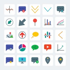 Modern Simple Set of location, arrows, charts, chat and messenger Vector flat Icons. .Contains such Icons as  navigation,  circular,  message and more on gray background. Fully Editable. Pixel Perfect