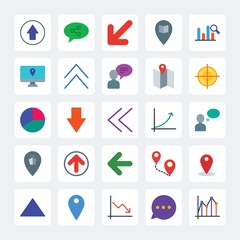 Modern Simple Set of location, arrows, charts, chat and messenger Vector flat Icons. .Contains such Icons as  sms,  travel,  pin,  web, up and more on gray background. Fully Editable. Pixel Perfect