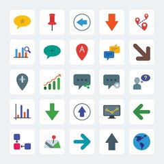 Modern Simple Set of location, arrows, charts, chat and messenger Vector flat Icons. .Contains such Icons as  symbol,  globe,  graph,  down,  and more on gray background. Fully Editable. Pixel Perfect
