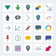 Modern Simple Set of location, arrows, charts, chat and messenger Vector flat Icons. .Contains such Icons as  growth,  message,  graph,  down and more on gray background. Fully Editable. Pixel Perfect