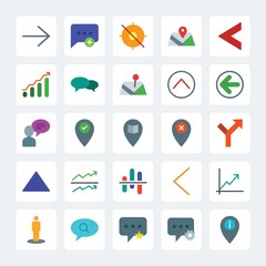 Modern Simple Set of location, arrows, charts, chat and messenger Vector flat Icons. .Contains such Icons as  target,  message,  map,  phone and more on gray background. Fully Editable. Pixel Perfect