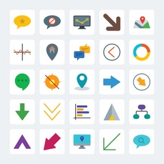 Modern Simple Set of location, arrows, charts, chat and messenger Vector flat Icons. .Contains such Icons as  square,  right, map,  up,  web and more on gray background. Fully Editable. Pixel Perfect