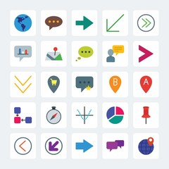 Modern Simple Set of location, arrows, charts, chat and messenger Vector flat Icons. .Contains such Icons as  talk,  bubble, arrow, stats and more on gray background. Fully Editable. Pixel Perfect