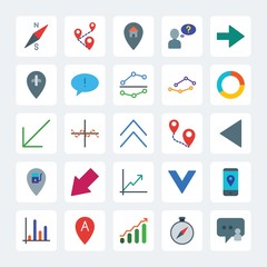 Modern Simple Set of location, arrows, charts, chat and messenger Vector flat Icons. .Contains such Icons as  location,  technology, message and more on gray background. Fully Editable. Pixel Perfect