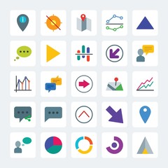 Modern Simple Set of location, arrows, charts, chat and messenger Vector flat Icons. .Contains such Icons as  target,  percentage, chat,  pin and more on gray background. Fully Editable. Pixel Perfect
