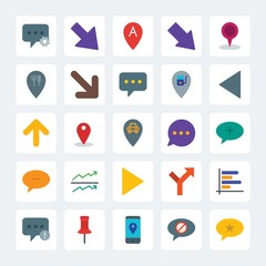 Modern Simple Set of location, arrows, charts, chat and messenger Vector flat Icons. .Contains such Icons as  phone, restaurant,  alert,  car and more on gray background. Fully Editable. Pixel Perfect