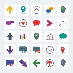 Modern Simple Set of location, arrows, charts, chat and messenger Vector flat Icons. .Contains such Icons as right,  sign,  background,  bank and more on gray background. Fully Editable. Pixel Perfect