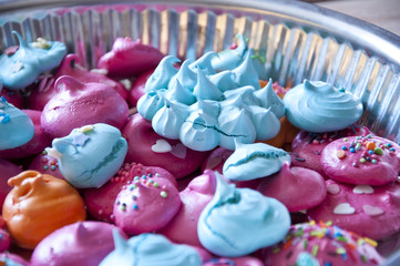 Marshmallow or zephyr and dragee. tasty cookies and biscuits or meringue pastry
