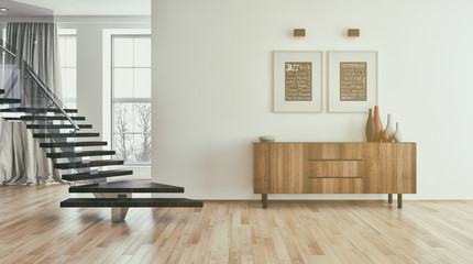 Modern bright interiors apartment 3D rendering illustration
