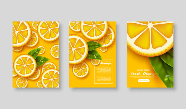 Orange poster set. Sliced pieces with leaves and water drop. Fruit template for brochure, layout design, banner, cover, flyer. Vector illustration.