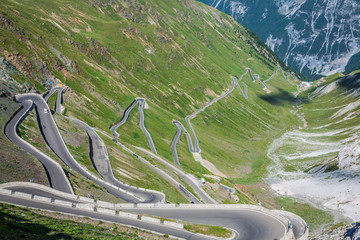 serpentine mountain road in Italian Alps, Stelvio pass, Passo dello Stelvio, Stelvio Natural Park - 201410805