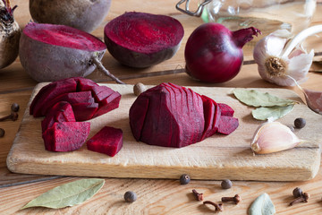 Sliced red beets with garlic and spices