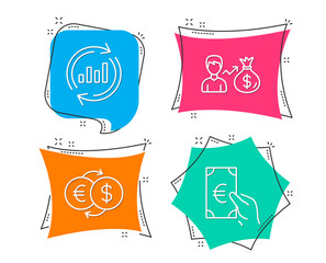 Set of Update data, Sallary and Money exchange icons. Finance sign. Sales chart, Person earnings, Eur to usd. Eur cash.  Flat geometric colored tags. Vivid banners. Trendy graphic design. Vector