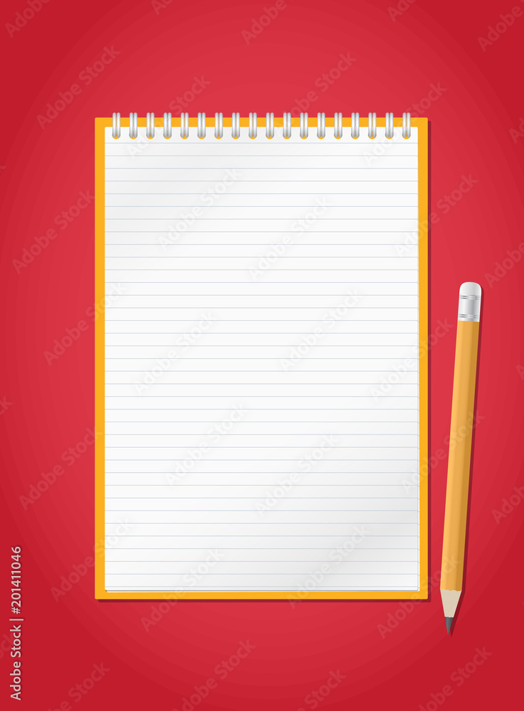 Poster open lined realistic notepad notebook with spiral and pencil is on red background.