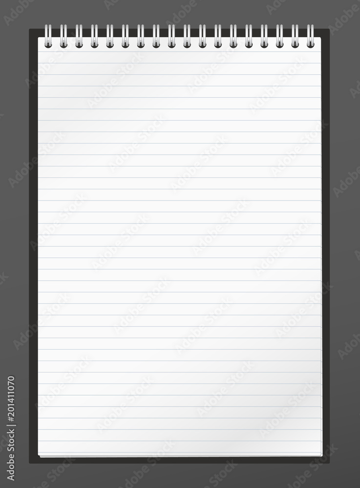 Poster open lined realistic notepad notebook with spiral is on gray background.
