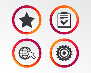 Star favorite and globe with mouse cursor icons. Checklist and cogwheel gear sign symbols. Infographic design buttons. Circle templates. Vector