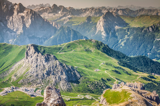 Sass Pordoi south face (2952 m) in Gruppo del Sella, Dolomites mountains in Alps