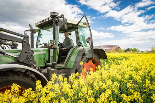 Landwirt mit Traktor im blühenden Rapsfeld