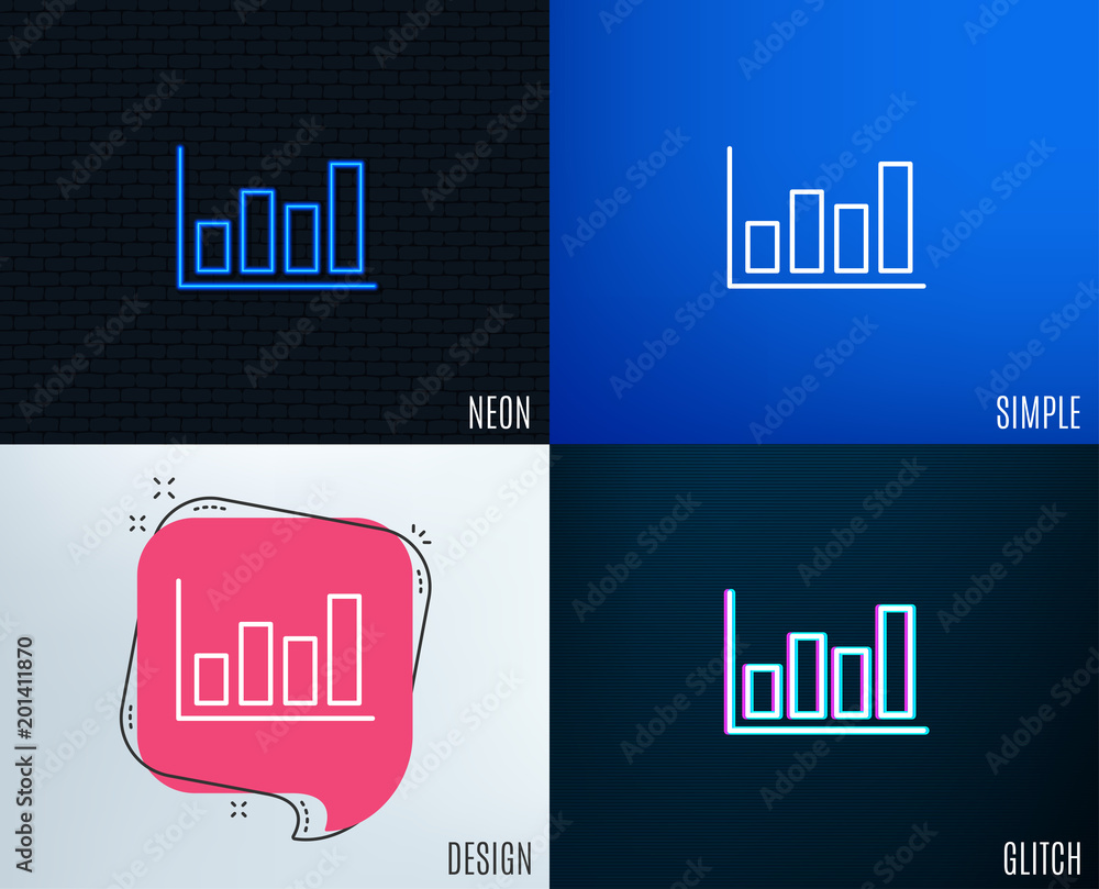 Poster glitch, neon effect. histogram column chart line icon. financial graph sign. stock exchange symbol. 