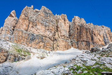 Sass Pordoi south face (2952 m) in Gruppo del Sella, Dolomites mountains in Alps