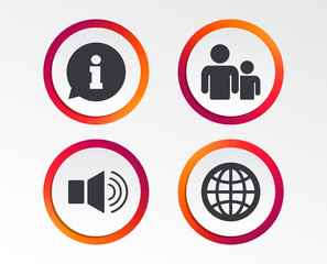 Information sign. Group of people and speaker volume symbols. Internet globe sign. Communication icons. Infographic design buttons. Circle templates. Vector