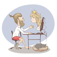 Princess from the Internet / Funny man wants to meet a woman on the Internet, vector illustration
