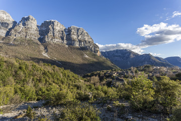 Natural towers of Astraka, mount Timfi and Papingo village in central Zagori