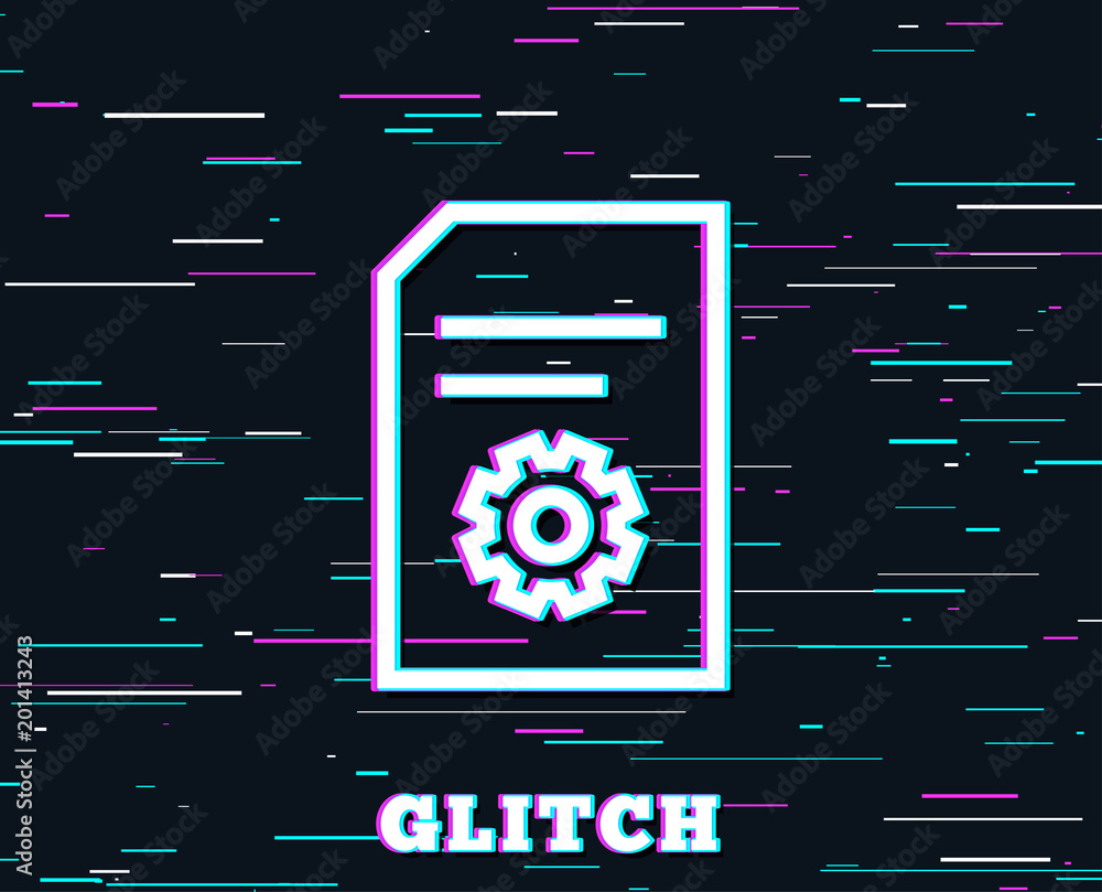 Poster glitch effect. document management line icon. information file with cogwheel sign. paper page concep