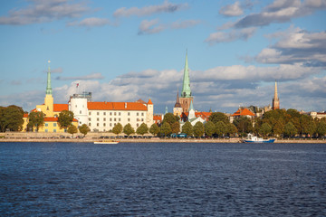 Riga Latvia. View of castle and churches over river Daugava