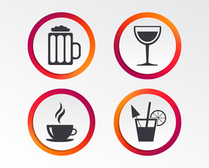 Drinks icons. Coffee cup and glass of beer symbols. Wine glass and cocktail signs. Infographic design buttons. Circle templates. Vector