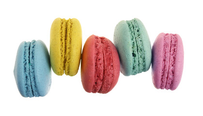 colored macarons isolated on white background without a shadow closeup. Top view. Flat lay