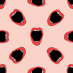 Open screaming mouth seamless pattern. Cosmetics and makeup pattern. Closeup beautiful lips of woman with red lipstick. Sexy lip make-up. Open mouth. Seamless pattern in pop style