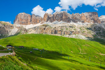 Panorama of Sella mountain range from Sella pass, Dolomites, Italy