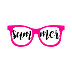 Sunglasses. Summer inscription on lenses pink sunglasses isolated on white background. Summer vector illustration. Sun. Vector illustration