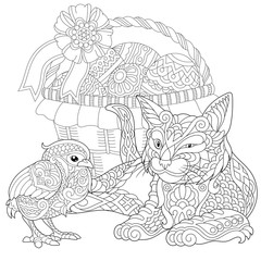 Fototapeta premium Zentangle cat and baby chicken with Easter basket full of eggs