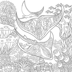 Zentangle underwater background with manta ray fish