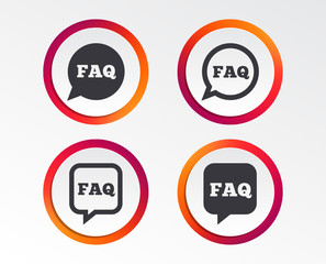 FAQ information icons. Help speech bubbles symbols. Circle and square talk signs. Infographic design buttons. Circle templates. Vector