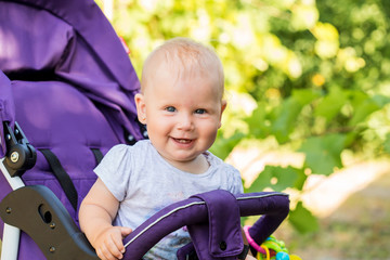 A small child is sitting in a stroller. walk with the child in the open air