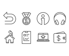 Set of Best rank, Website education and Report document icons. Headphones, Undo and Dollar wallet signs. Success medal, Video learning, Statistics file. Music listening device, Left turn, Cash money