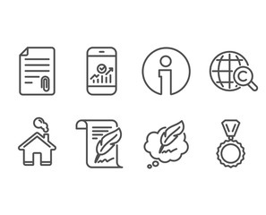 Set of Feather, International Ð¡opyright and Smartphone statistics icons. Attachment, Ð¡opyright chat and Medal signs. Copyright page, World copywriting, Mobile business. Vector