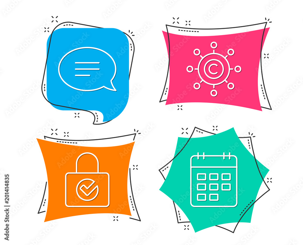 Poster set of chat, copywriting network and password encryption icons. calendar sign. speech bubble, conten