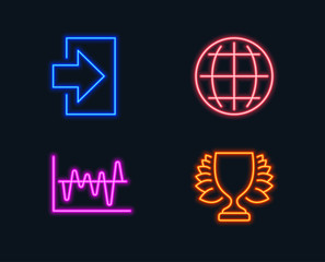 Neon lights. Set of Stock analysis, Globe and Login icons. Winner sign. Business trade, Internet world, Sign in. Sports achievement.  Glowing graphic designs. Vector