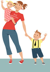 Teenage girl babysitter or nanny holding two little children, EPS 8 vector illustration