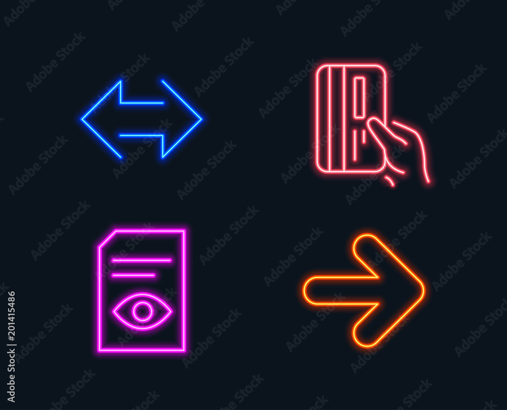 Poster neon lights. set of view document, payment card and sync icons. next sign. open file, credit card, s