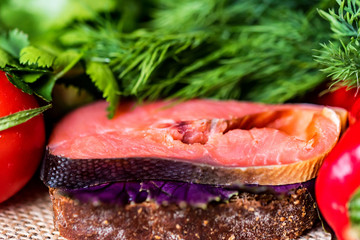 Tasty smoked salmon sandwiches with rye bread