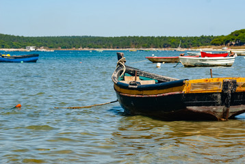 Coastal landscape with old fishing boat.
