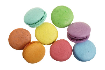 colored macarons isolated on white background without a shadow closeup. Top view. Flat lay