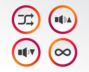 Player control icons. Sound louder and quieter signs. Dynamic symbol. Shuffle random and repeat loop. Infographic design buttons. Circle templates. Vector