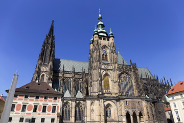 Fototapeta na wymiar Gothic St. Vitus' Cathedral on Prague Castle in the sunny Day, Czech Republic