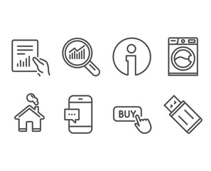 Set of Document, Washing machine and Buy button icons. Data analysis, Smartphone message and Usb flash signs. File with diagram, Laundry service, Online shopping. Vector
